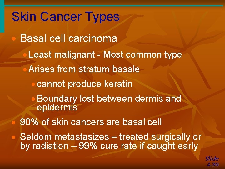 Skin Cancer Types · Basal cell carcinoma · Least malignant - Most common type Skin Cancer Types · Basal cell carcinoma · Least malignant - Most common type