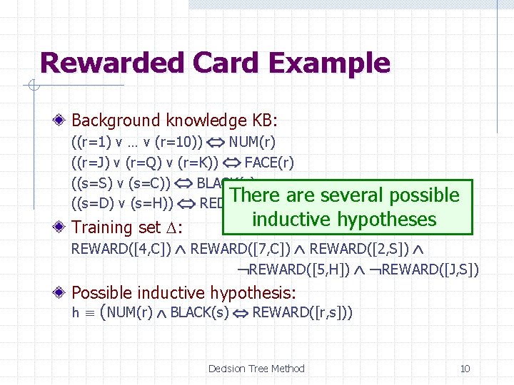 Rewarded Card Example Background knowledge KB: ((r=1) v … v (r=10)) NUM(r) ((r=J) v