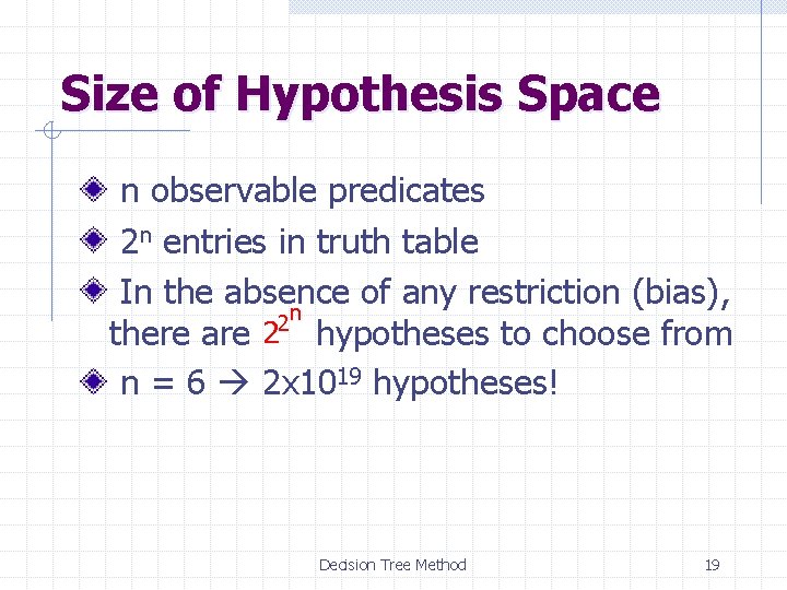 Size of Hypothesis Space n observable predicates 2 n entries in truth table In