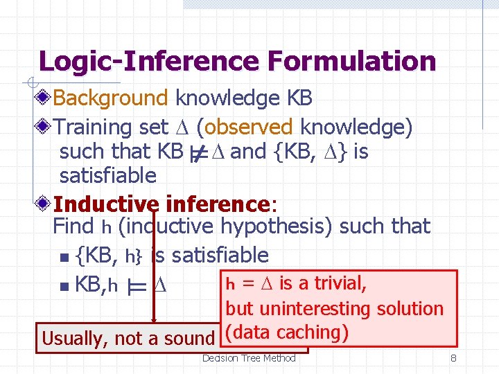 Logic-Inference Formulation Background knowledge KB Training set D (observed knowledge) such that KB D