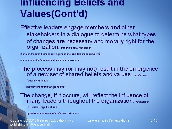 Influencing Beliefs and Values(Cont’d) Effective leaders engage members and other stakeholders in a dialogue