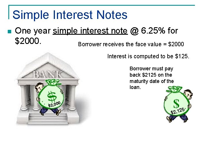 Simple Interest Notes n One year simple interest note @ 6. 25% for $2000. Simple Interest Notes n One year simple interest note @ 6. 25% for $2000.