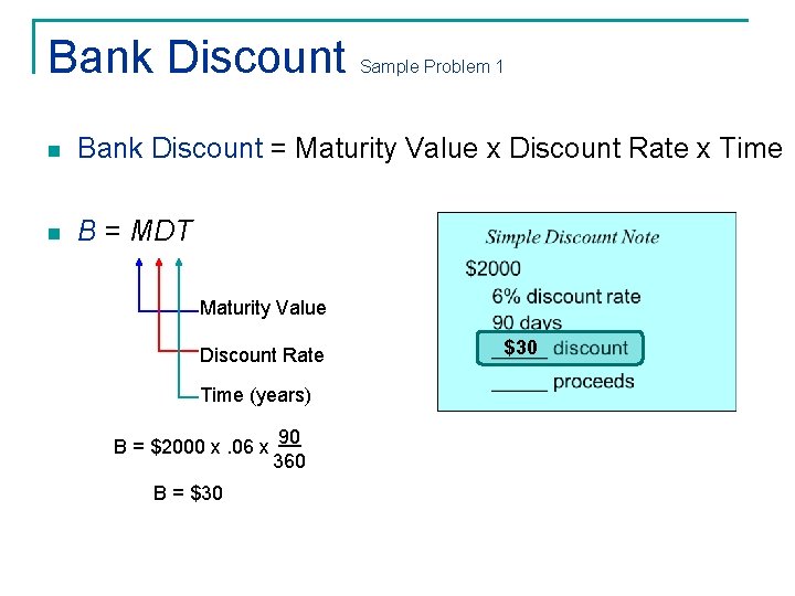 Bank Discount Sample Problem 1 n Bank Discount = Maturity Value x Discount Rate Bank Discount Sample Problem 1 n Bank Discount = Maturity Value x Discount Rate
