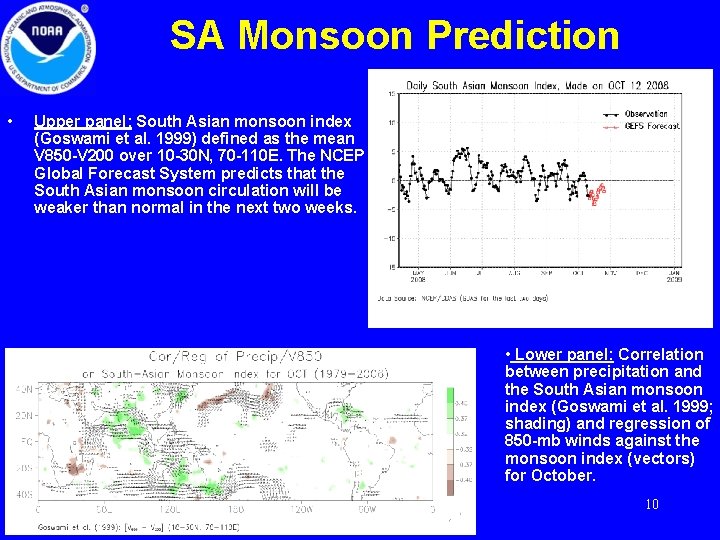 SA Monsoon Prediction • Upper panel: South Asian monsoon index (Goswami et al. 1999)