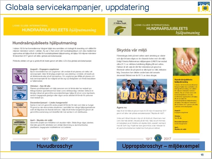 Globala servicekampanjer, uppdatering Huvudbroschyr Uppropsbroschyr – miljöexempel 16 