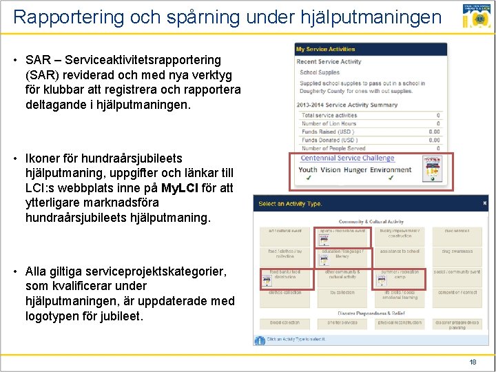 Rapportering och spårning under hjälputmaningen • SAR – Serviceaktivitetsrapportering (SAR) reviderad och med nya