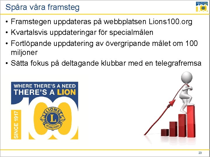 Spåra våra framsteg • Framstegen uppdateras på webbplatsen Lions 100. org • Kvartalsvis uppdateringar