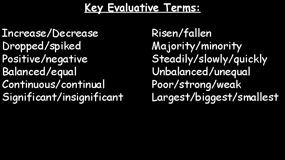 Key Evaluative Terms: Increase/Decrease Dropped/spiked Positive/negative Balanced/equal Continuous/continual Significant/insignificant Risen/fallen Majority/minority Steadily/slowly/quickly Unbalanced/unequal Poor/strong/weak
