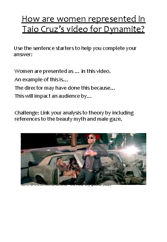 How are women represented in Taio Cruz’s video for Dynamite? Use the sentence starters