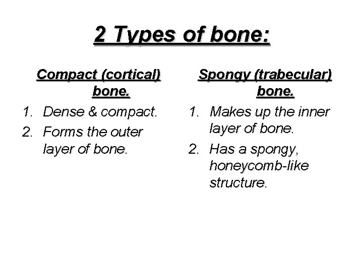 2 Types of bone: Compact (cortical) bone. 1. Dense & compact. 2. Forms the