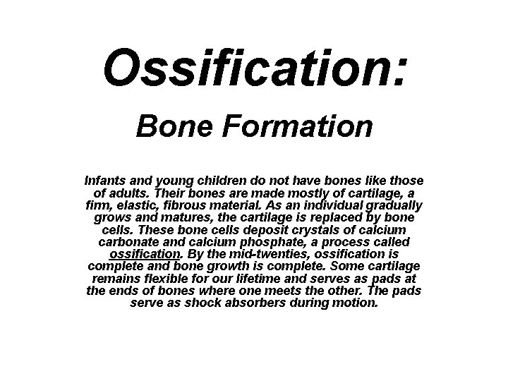 Ossification: Bone Formation Infants and young children do not have bones like those of