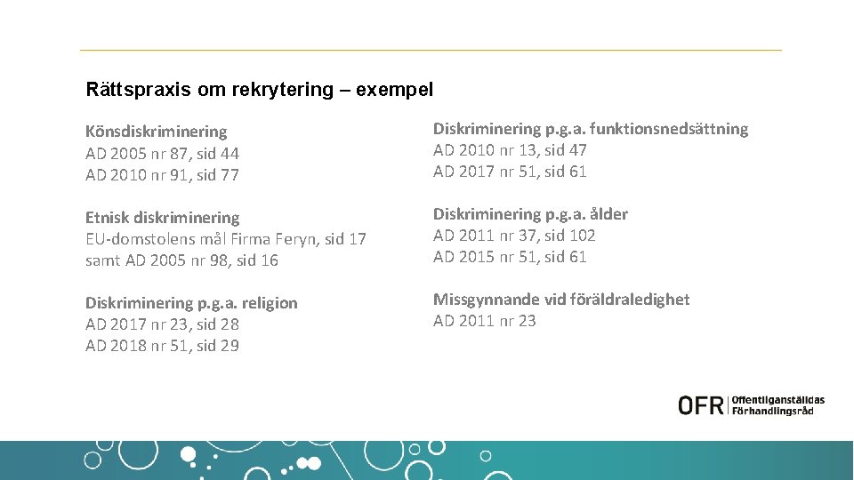 Rättspraxis om rekrytering – exempel Könsdiskriminering AD 2005 nr 87, sid 44 AD 2010
