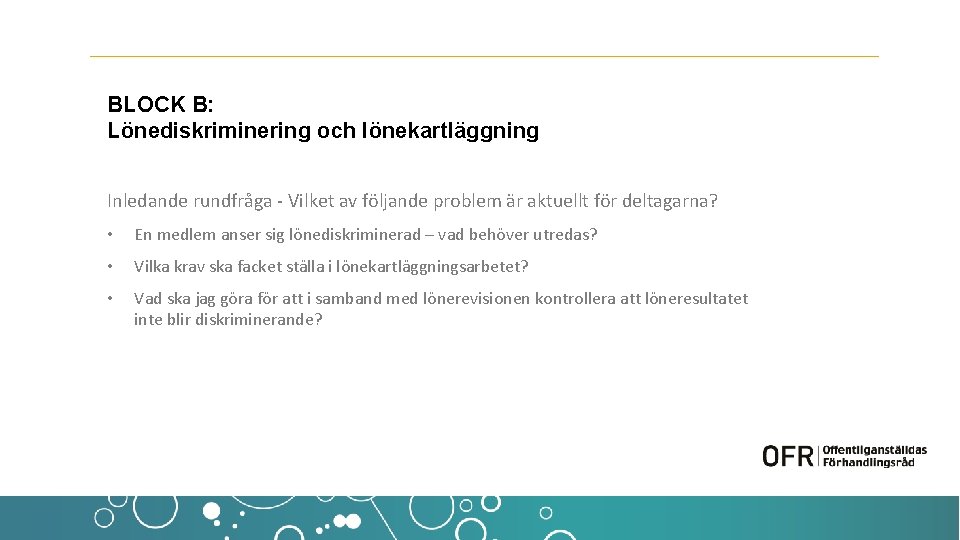 BLOCK B: Lönediskriminering och lönekartläggning Inledande rundfråga - Vilket av följande problem är aktuellt