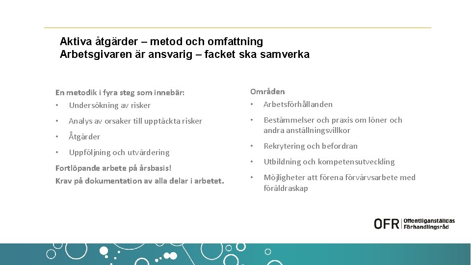 Aktiva åtgärder – metod och omfattning Arbetsgivaren är ansvarig – facket ska samverka En