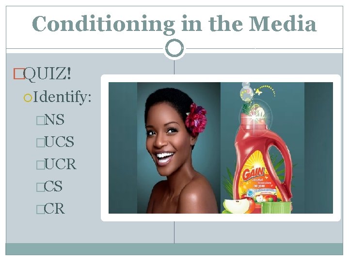 Conditioning in the Media �QUIZ! Identify: �NS �UCR �CS �CR 