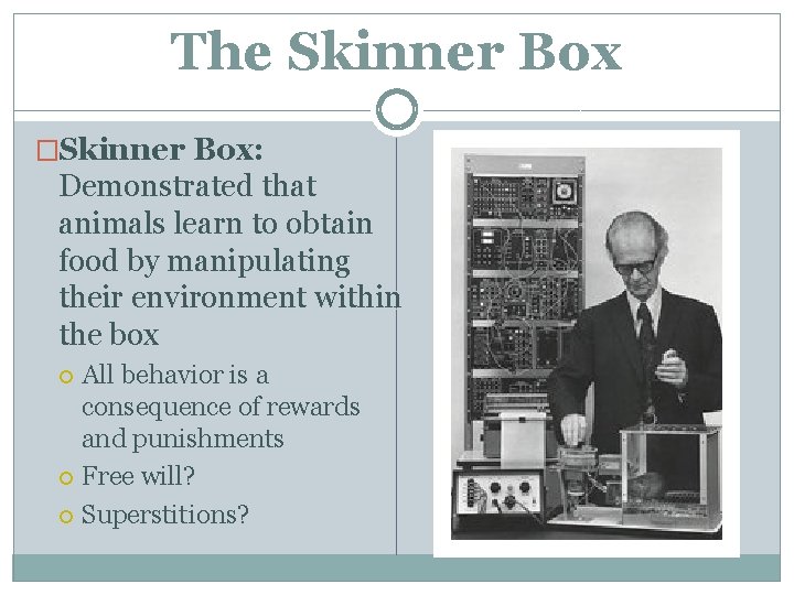 The Skinner Box �Skinner Box: Demonstrated that animals learn to obtain food by manipulating