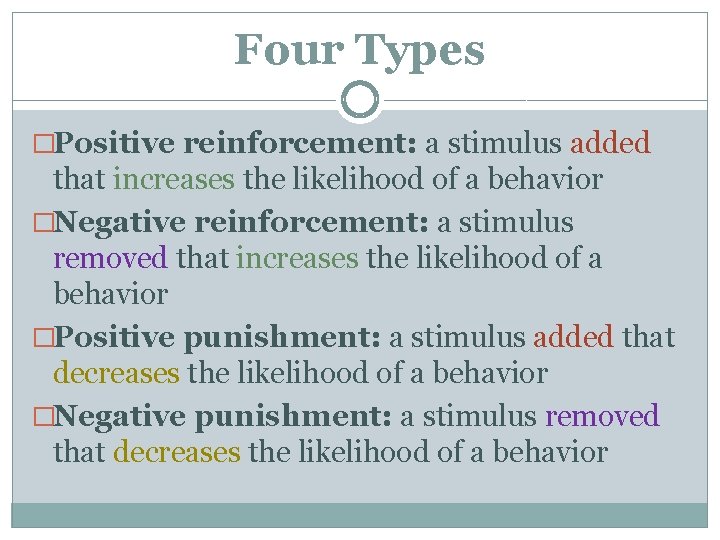 Four Types �Positive reinforcement: a stimulus added that increases the likelihood of a behavior
