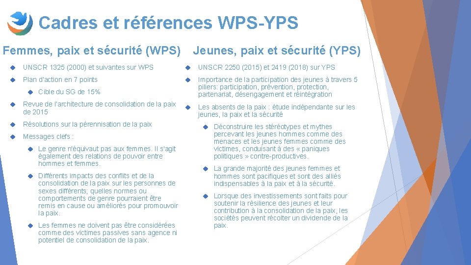 Cadres et références WPS-YPS Femmes, paix et sécurité (WPS) Jeunes, paix et sécurité (YPS)
