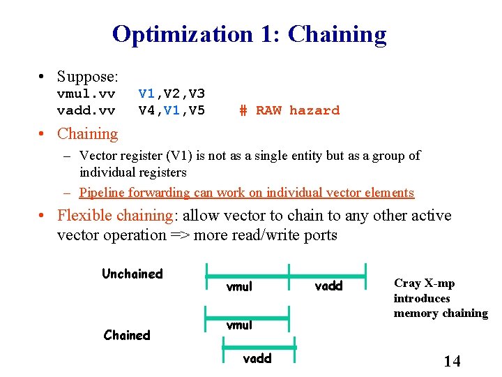 Optimization 1: Chaining • Suppose: vmul. vv vadd. vv V 1, V 2, V