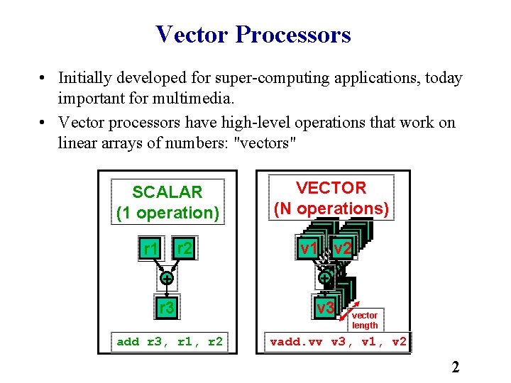 Vector Processors • Initially developed for super computing applications, today important for multimedia. •