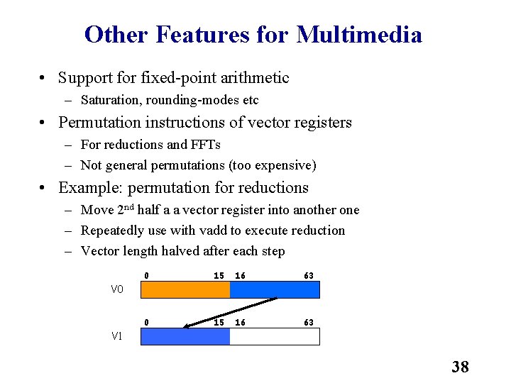 Other Features for Multimedia • Support for fixed point arithmetic – Saturation, rounding modes
