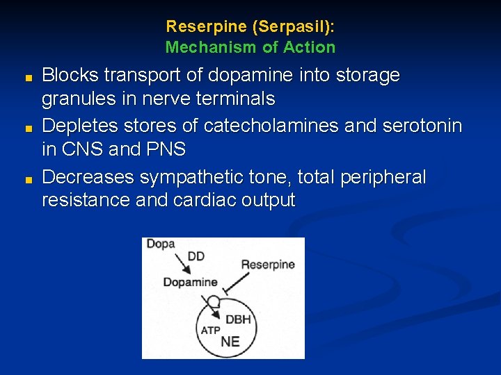 Reserpine (Serpasil): Mechanism of Action ■ ■ ■ Blocks transport of dopamine into storage