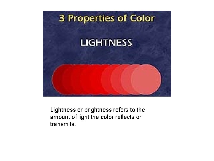 Lightness or brightness refers to the amount of light the color reflects or transmits.