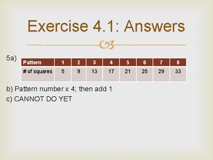 Exercise 4. 1: Answers 5 a) Pattern 1 2 3 4 5 6 7