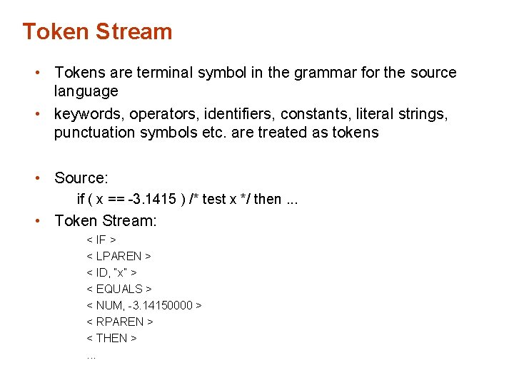 Token Stream • Tokens are terminal symbol in the grammar for the source language