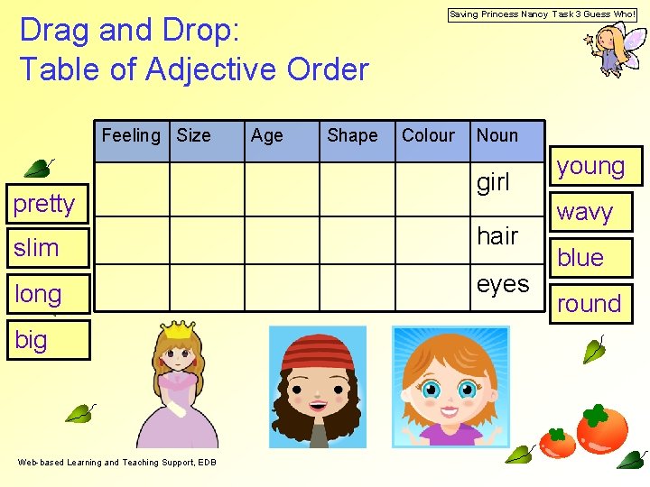 Drag and Drop: Table of Adjective Order Feeling Size pretty Age Shape Saving Princess