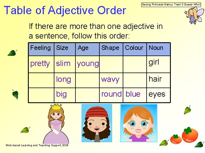 Table of Adjective Order Saving Princess Nancy Task 3 Guess Who! If there are