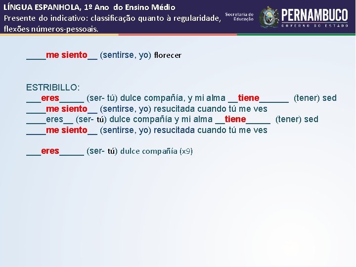 LÍNGUA ESPANHOLA, 1º Ano do Ensino Médio Presente do indicativo: classificação quanto à regularidade,