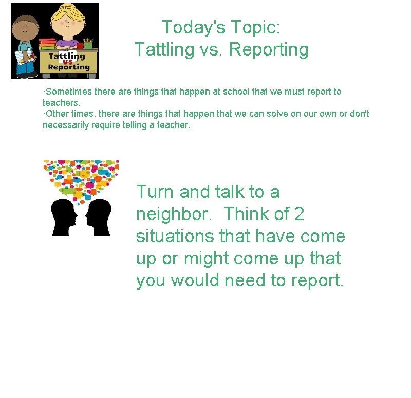 Today's Topic: Tattling vs. Reporting ·Sometimes there are things that happen at school that