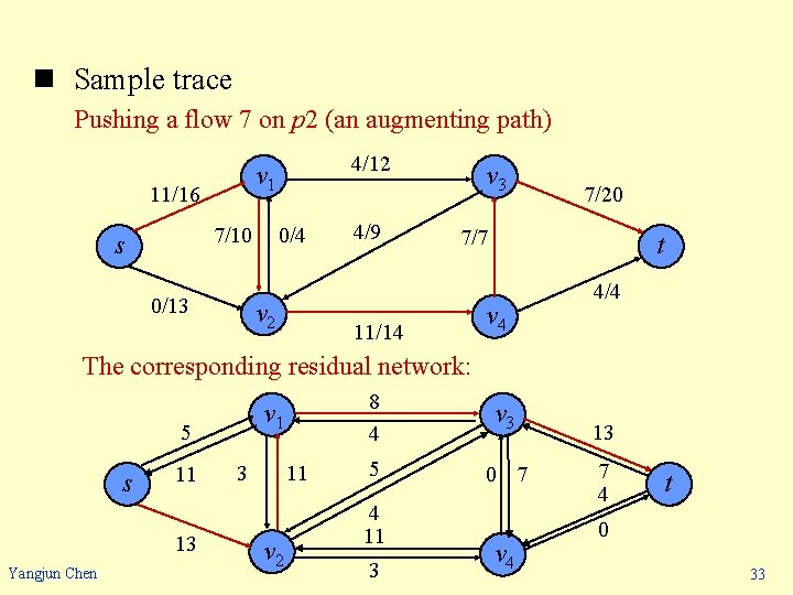 n Sample trace Pushing a flow 7 on p 2 (an augmenting path) 11/16