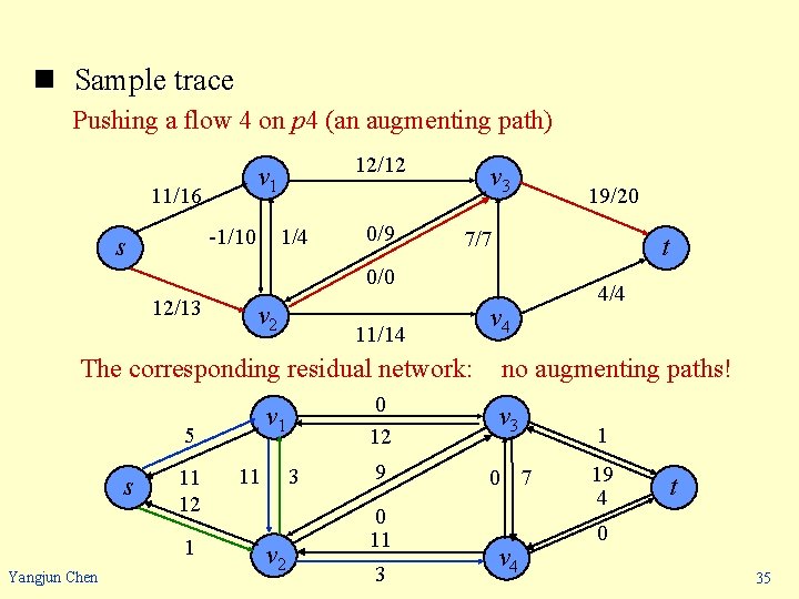 n Sample trace Pushing a flow 4 on p 4 (an augmenting path) 11/16