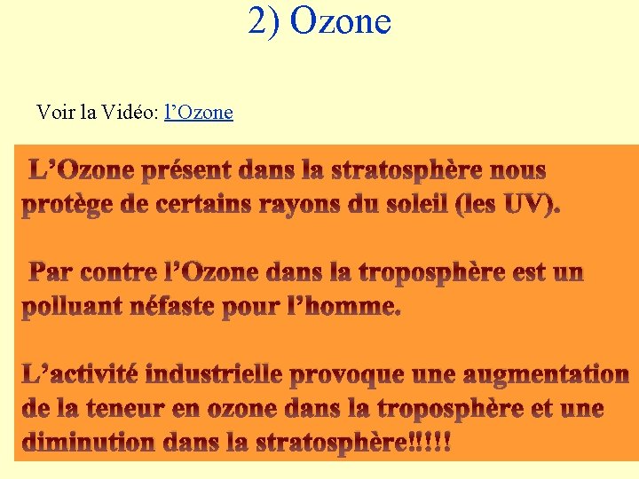 2) Ozone Voir la Vidéo: l’Ozone L’Ozone présent dans la stratosphère nous protège de
