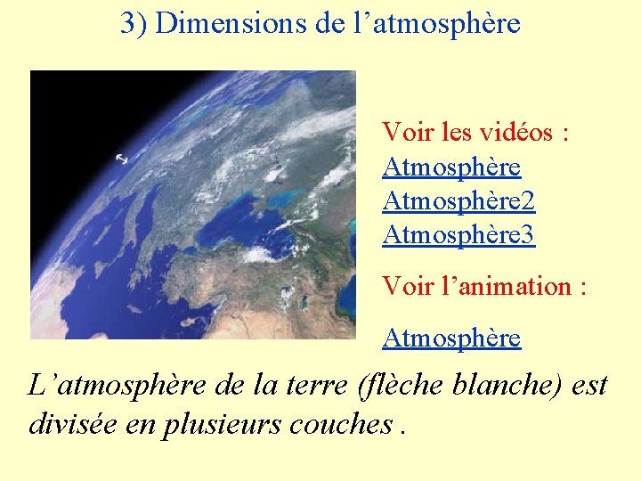 3) Dimensions de l’atmosphère Voir les vidéos : Atmosphère 2 Atmosphère 3 Voir l’animation