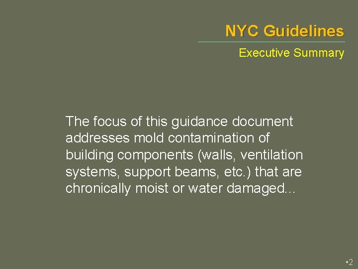 NYC Guidelines Executive Summary The focus of this guidance document addresses mold contamination of