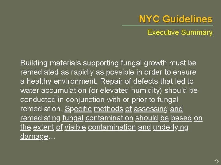 NYC Guidelines Executive Summary Building materials supporting fungal growth must be remediated as rapidly