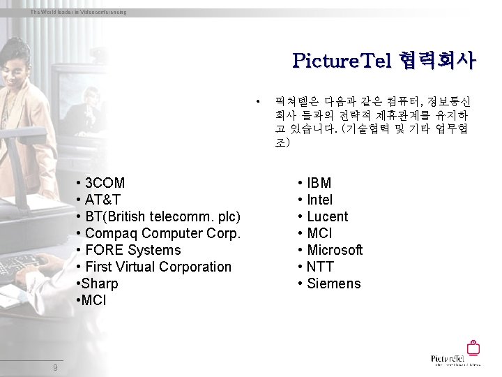 The World leader in Videoconferencing Picture. Tel 협력회사 • • 3 COM • AT&T