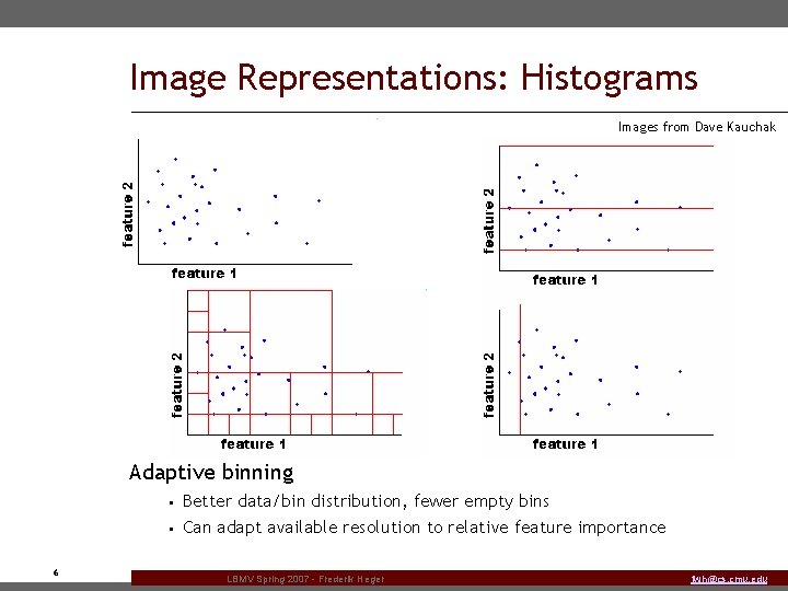 Image Representations: Histograms Images from Dave Kauchak Adaptive binning • • 6 Better data/bin