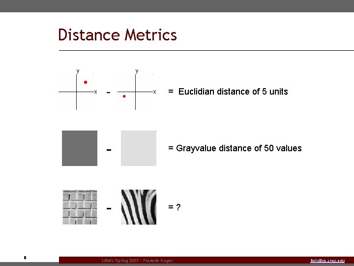 Distance Metrics y y x 8 - x = Euclidian distance of 5 units