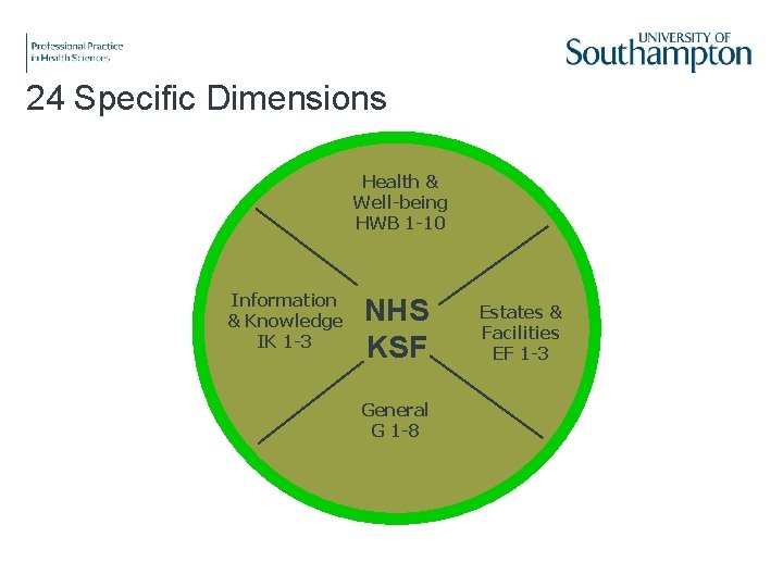 24 Specific Dimensions (in four groups) Health & Well-being HWB 1 -10 Information &