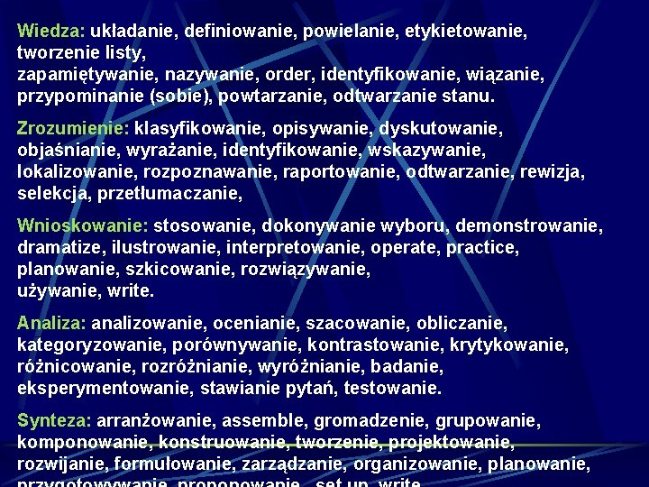 Wiedza: układanie, definiowanie, powielanie, etykietowanie, tworzenie listy, zapamiętywanie, nazywanie, order, identyfikowanie, wiązanie, przypominanie (sobie),