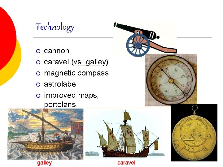 Technology ¡ ¡ ¡ cannon caravel (vs. galley) magnetic compass astrolabe improved maps; portolans Technology ¡ ¡ ¡ cannon caravel (vs. galley) magnetic compass astrolabe improved maps; portolans
