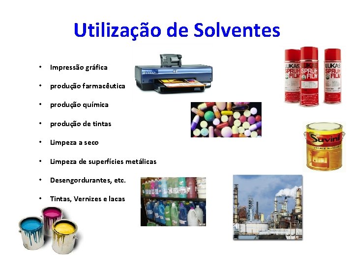 Utilização de Solventes • Impressão gráfica • produção farmacêutica • produção química • produção