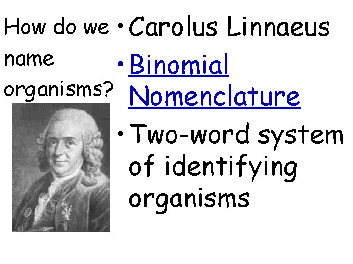 How do we • Carolus Linnaeus name • Binomial organisms? Nomenclature • Two-word system How do we • Carolus Linnaeus name • Binomial organisms? Nomenclature • Two-word system