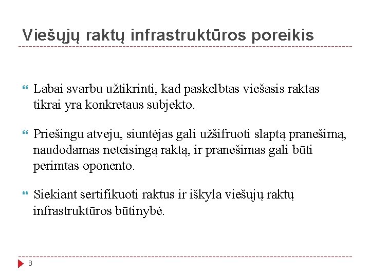 Viešųjų raktų infrastruktūros poreikis Labai svarbu užtikrinti, kad paskelbtas viešasis raktas tikrai yra konkretaus