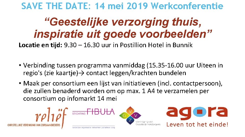 SAVE THE DATE: 14 mei 2019 Werkconferentie “Geestelijke verzorging thuis, inspiratie uit goede voorbeelden”