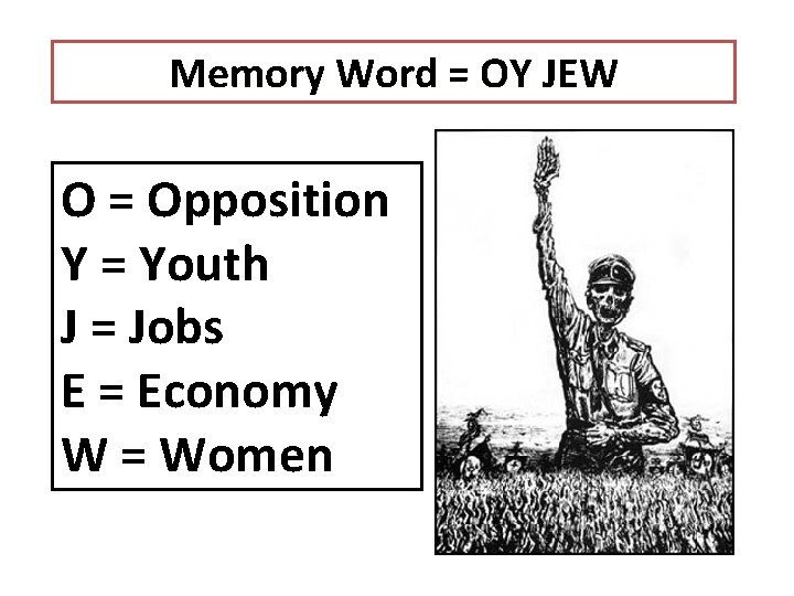 Memory Word = OY JEW O = Opposition Y = Youth J = Jobs Memory Word = OY JEW O = Opposition Y = Youth J = Jobs